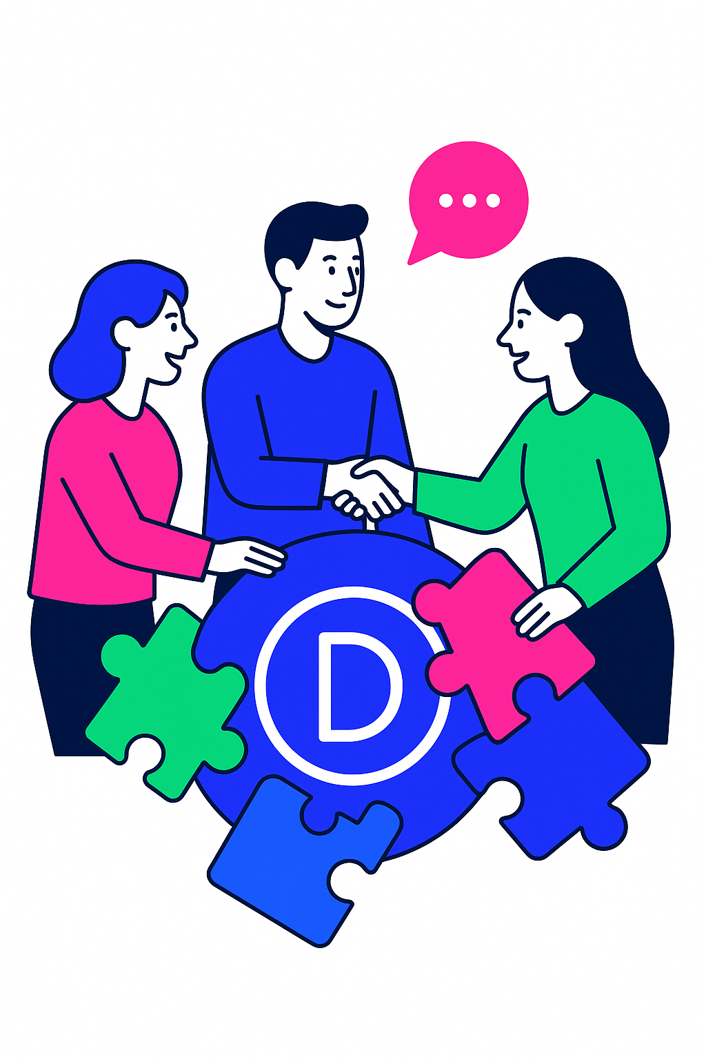 Collaborative WordPress Partnerships in Action Three diverse people collaborating around a large Divi logo, assembling colorful puzzle pieces in blue, pink, and green, symbolizing WordPress partnerships.